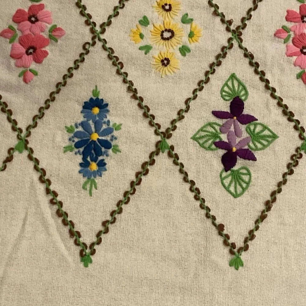 Vintage Handmade Throw Crewel Embroidered Cottage Granny Wool 54 X 66 MCM